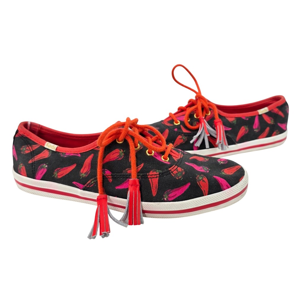 Kate Spade Keds Chili Pepper Sneakers Black Red Tassel Canvas Sample Shoes 7